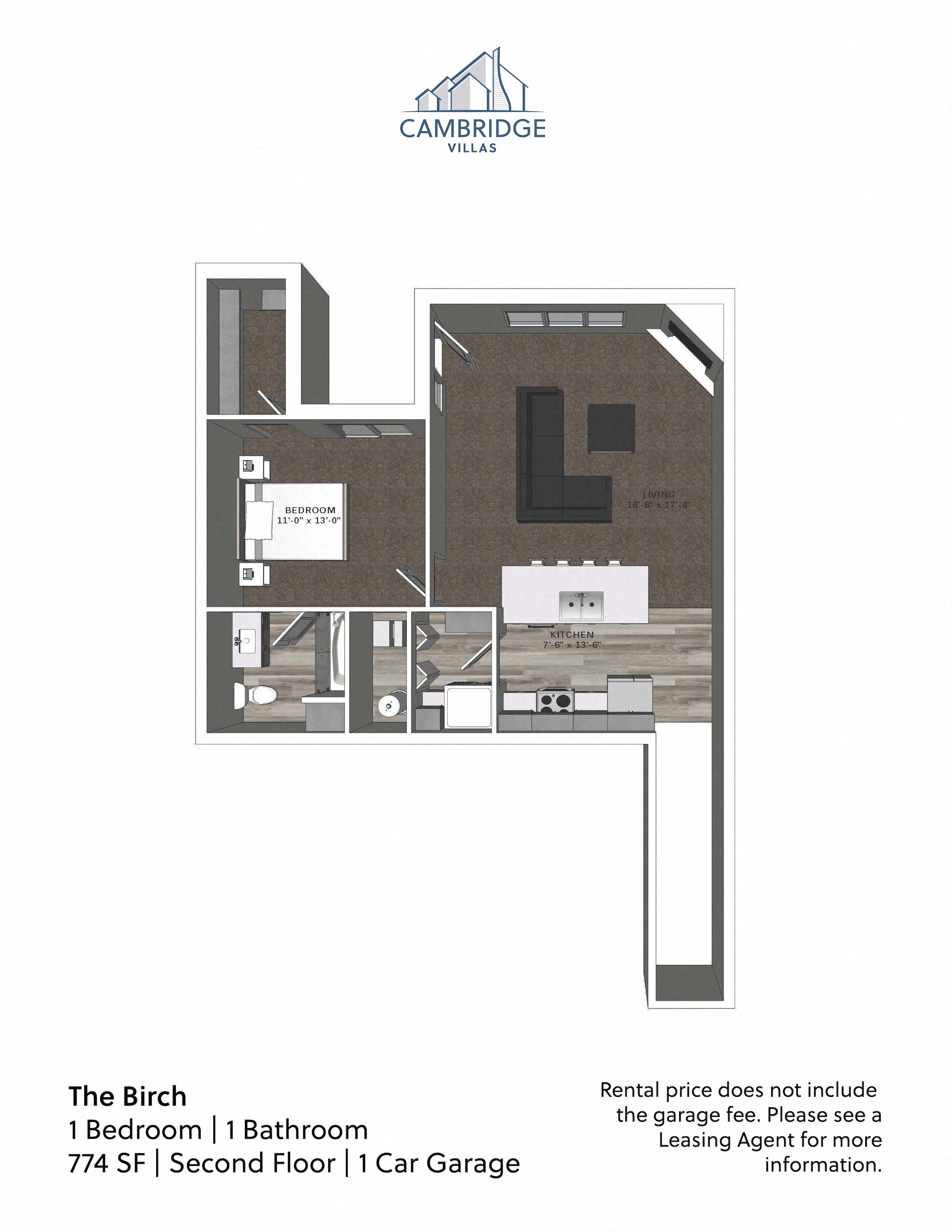 Floor plan for 1 bed, 1 bath, 774 sqft
