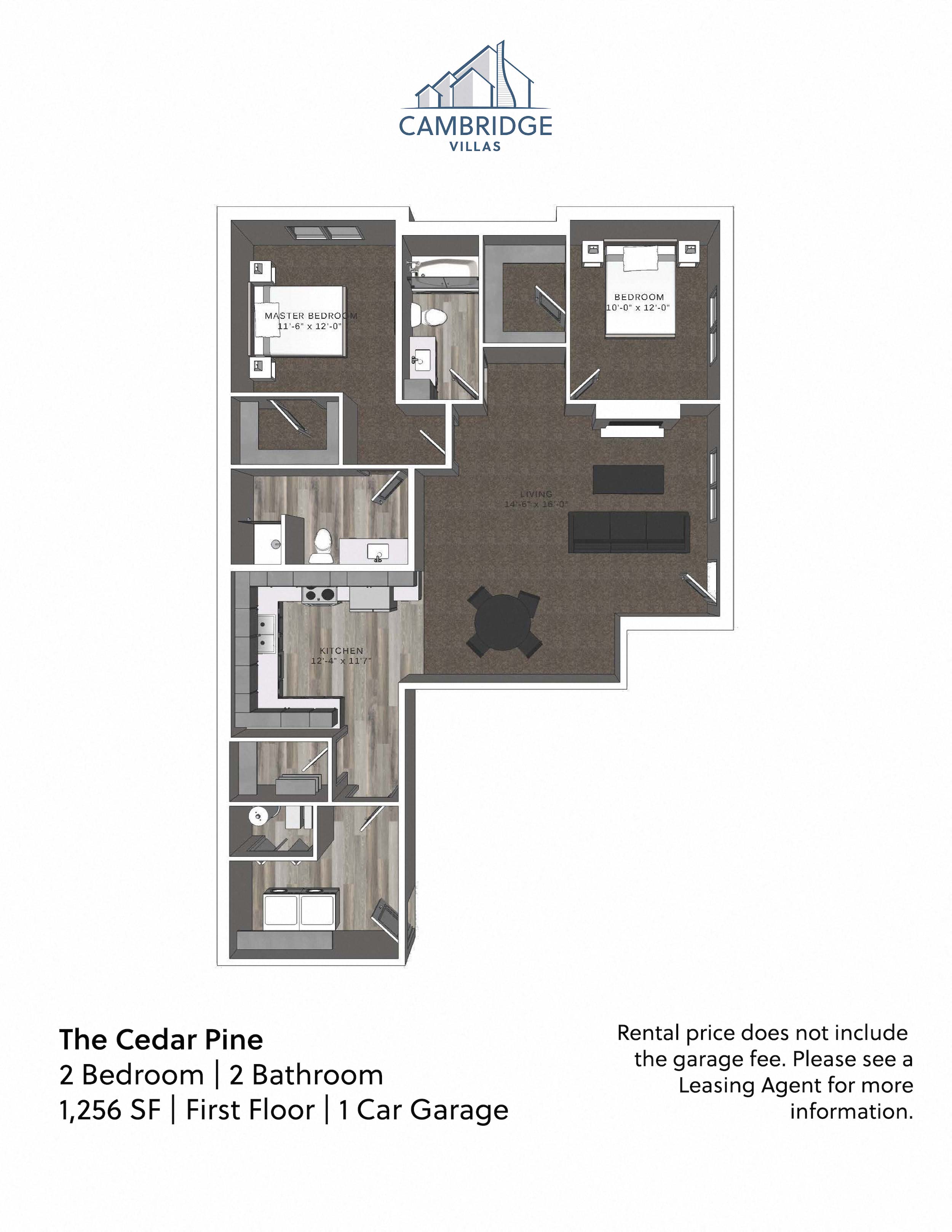 Floor plan for 2 beds, 2 baths, 1256 sqft