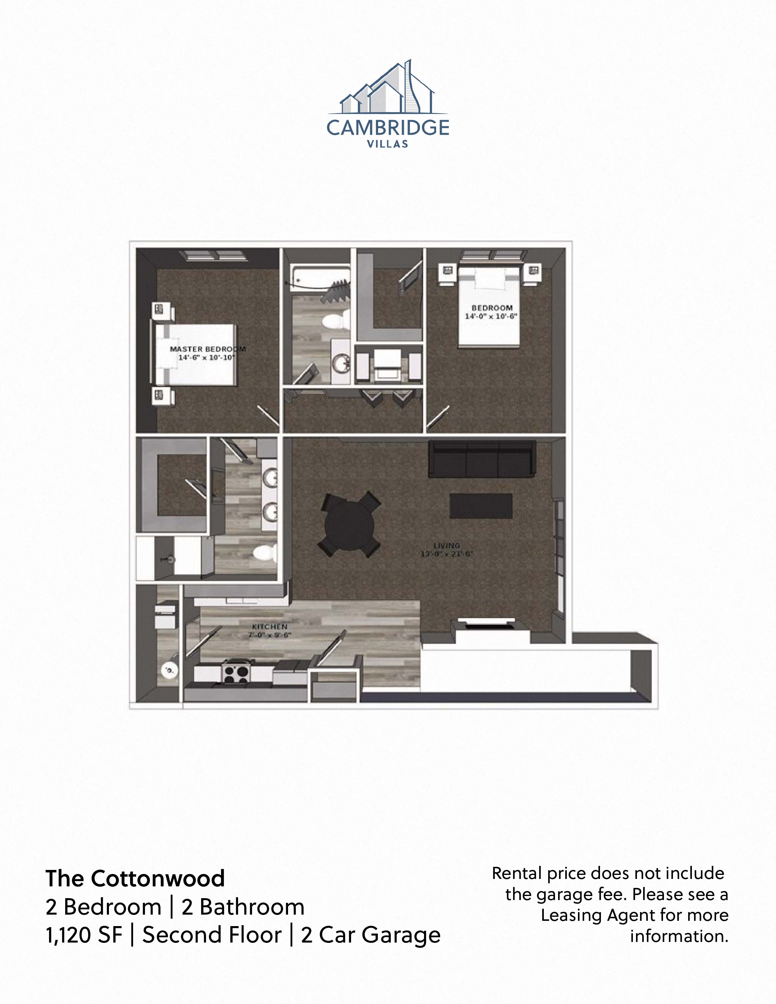 Floor plan for 2 beds, 2 baths, 1120 sqft