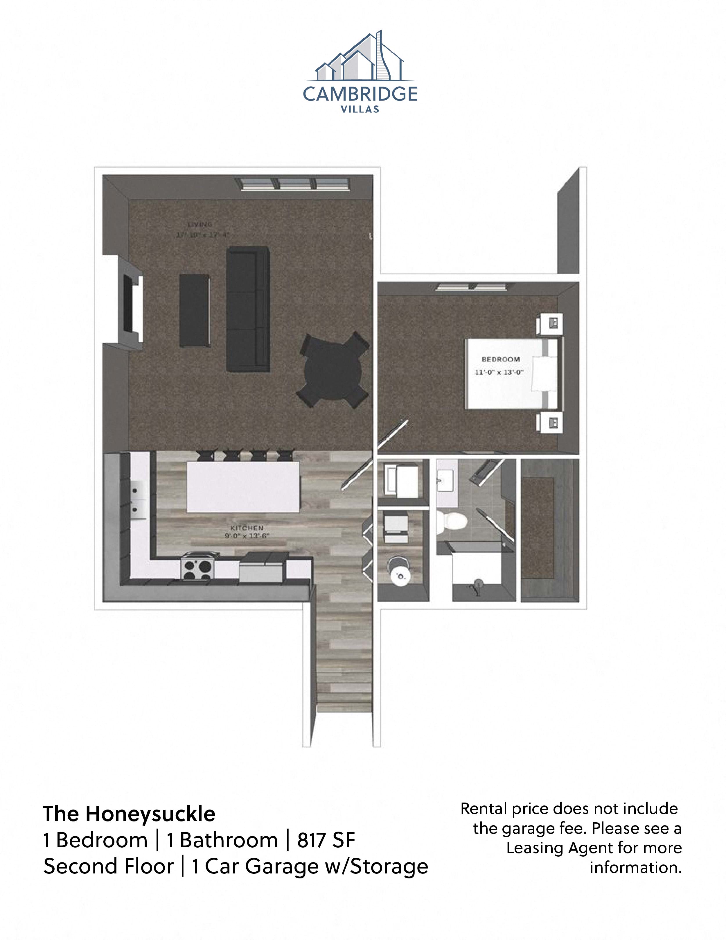 Floor plan for 1 bed, 1 bath, 817 sqft
