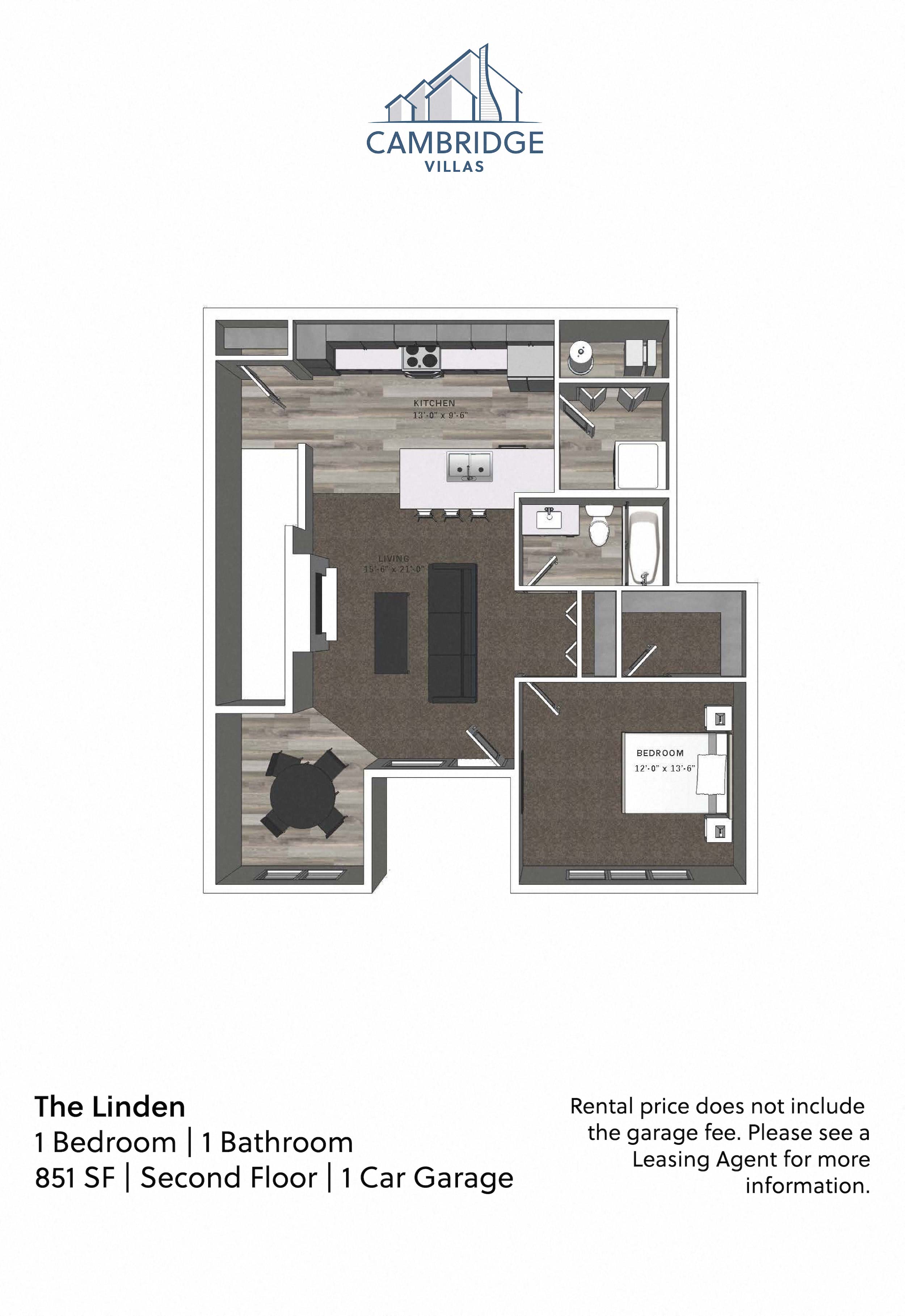 Floor plan for 1 bed, 1 bath, 851 sqft