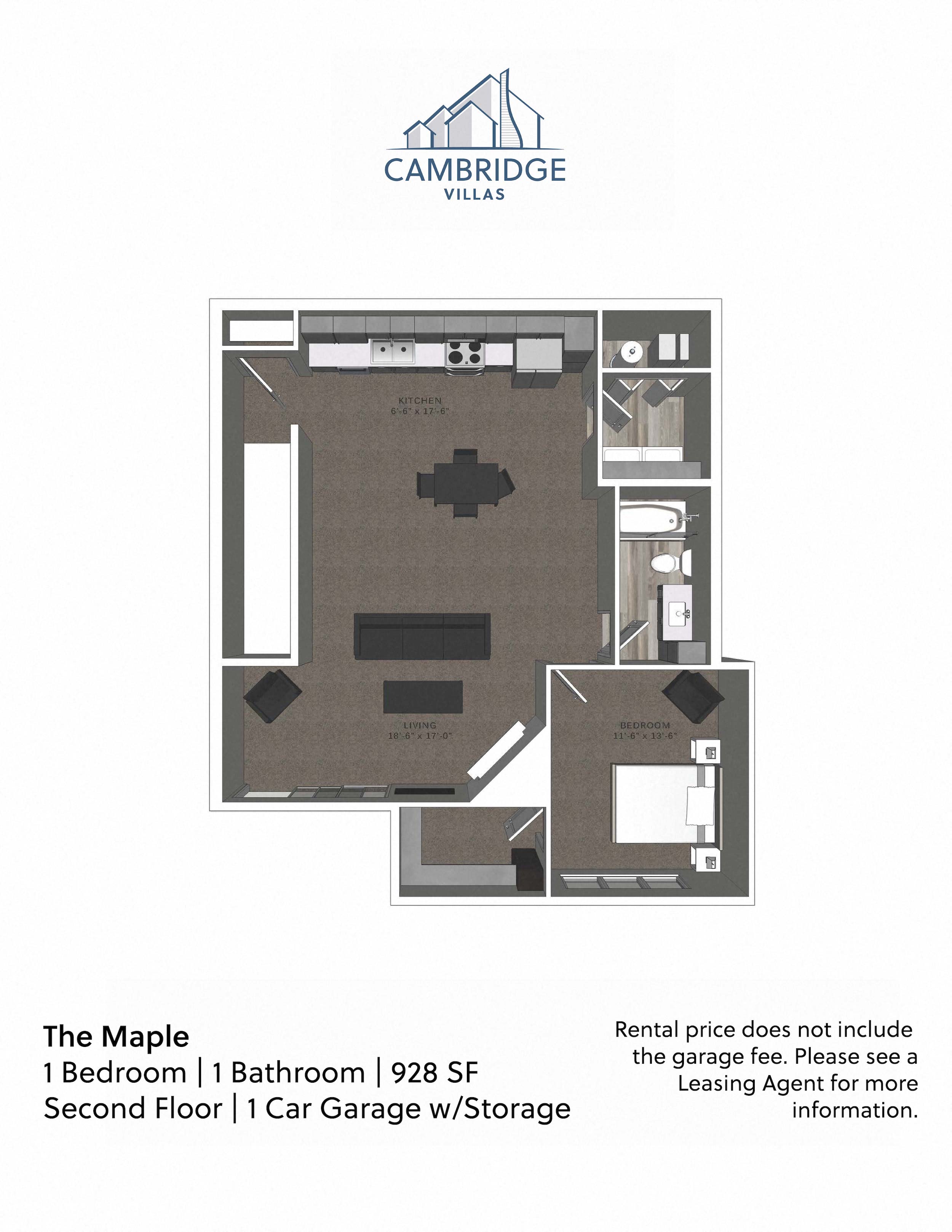 Floor plan for 1 bed, 1 bath, 928 sqft