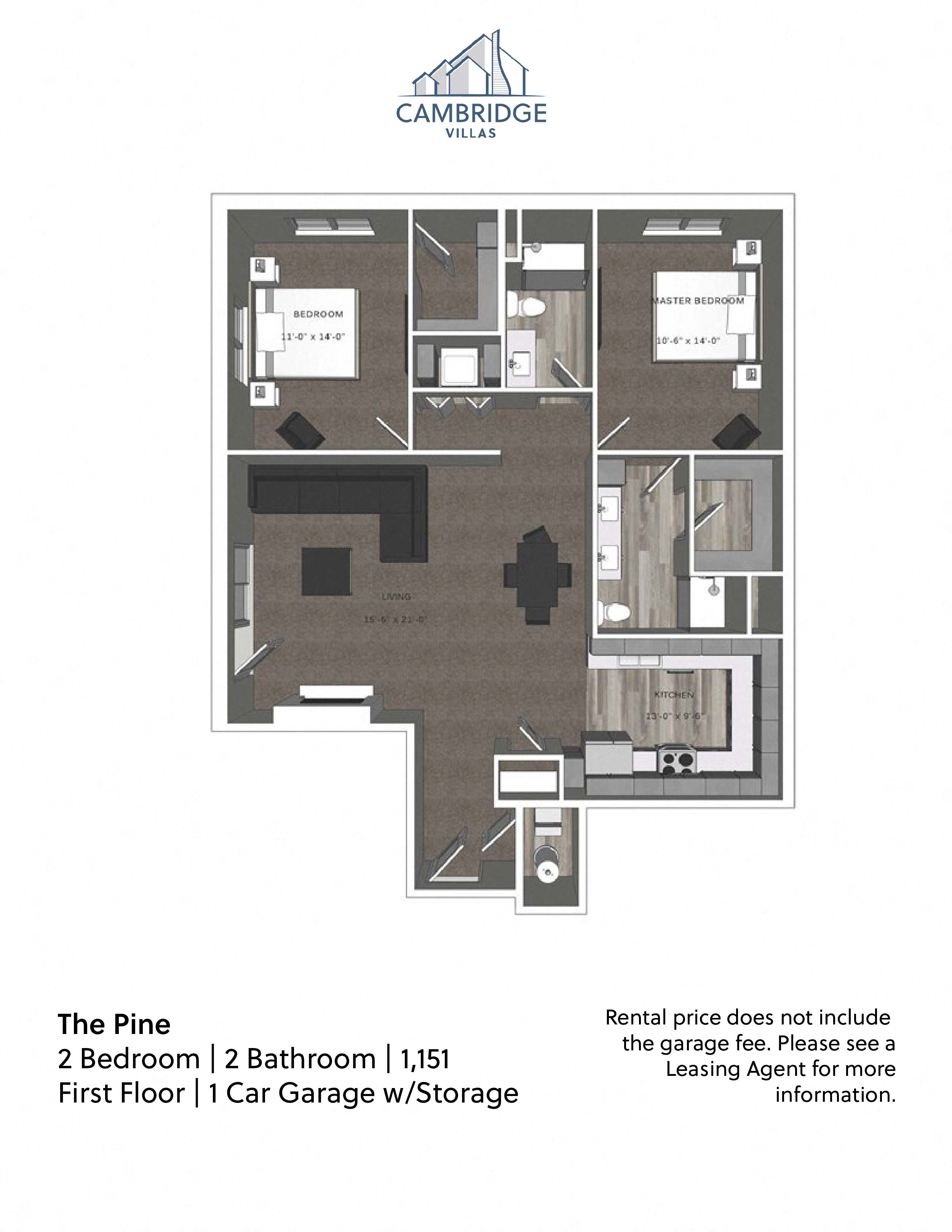 Floor plan for 2 beds, 2 baths, 1151 sqft
