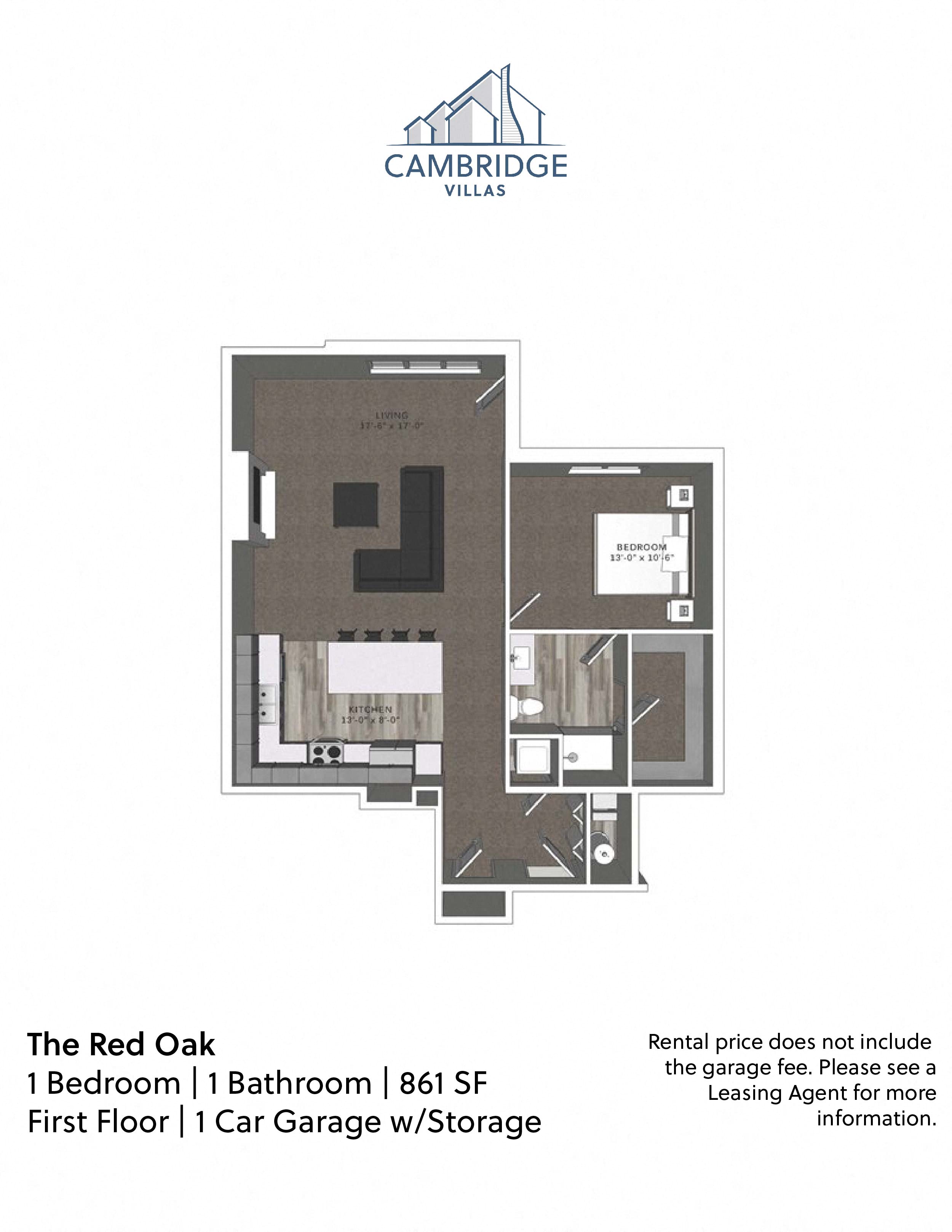 Floor plan for 1 bed, 1 bath, 861 sqft