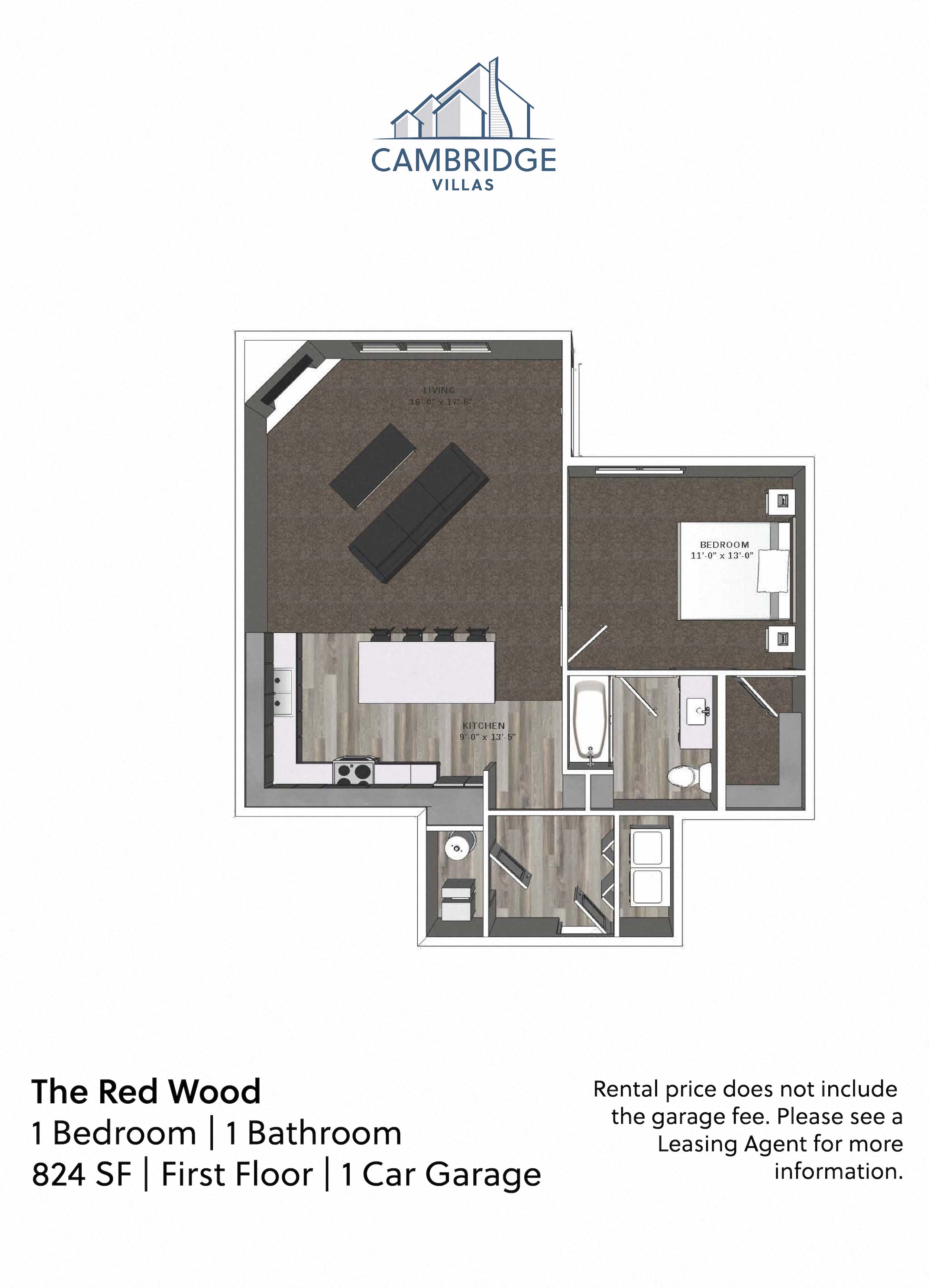 Floor plan for 1 bed, 1 bath, 824 sqft