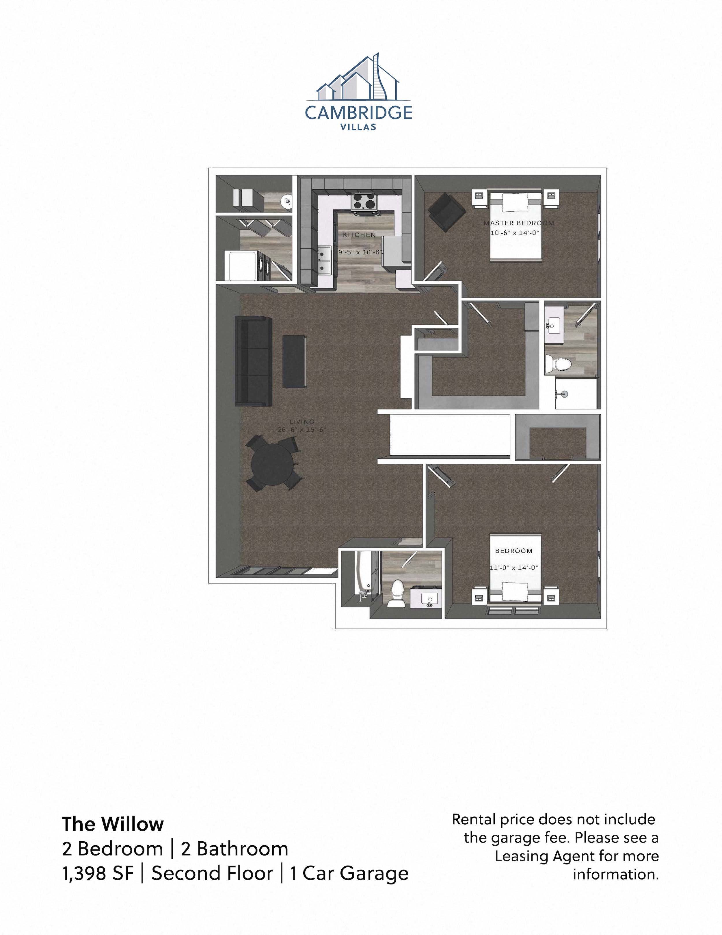 Floor plan for 2 beds, 2 baths, 1398 sqft