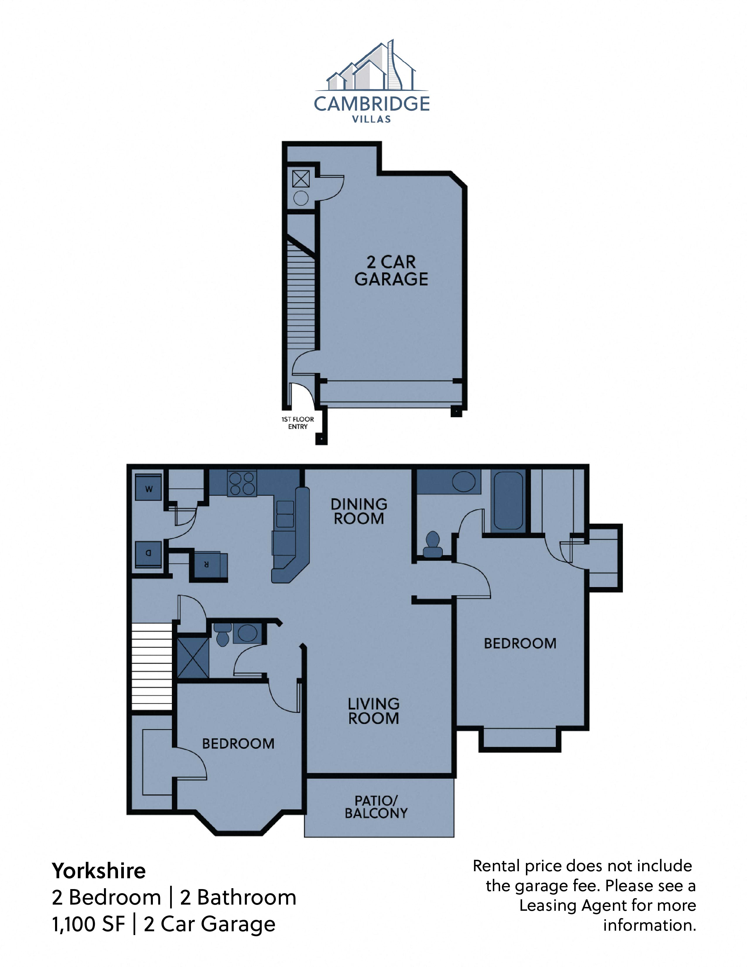 Floor plan for 2 beds, 2 baths, 1100 sqft