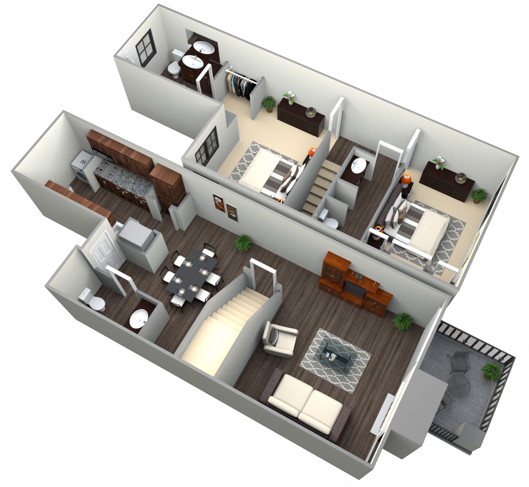 Floor plan for 2 beds, 2.5 baths, 1229 sqft