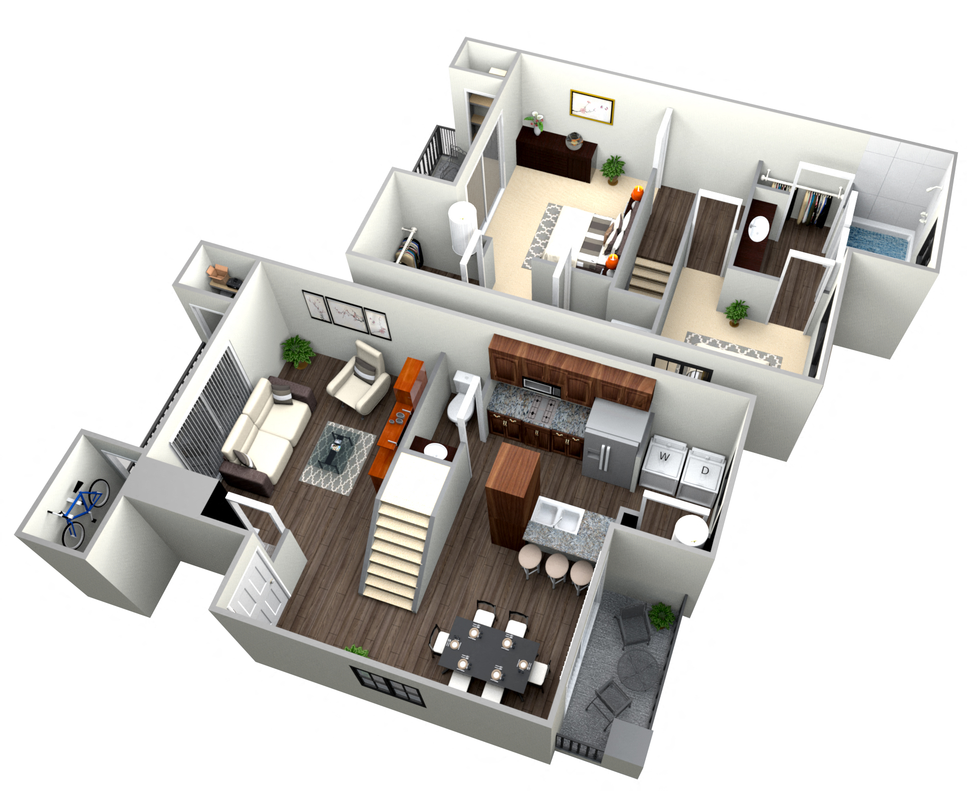Floor plan for 2 beds, 2.5 baths, 1293 sqft