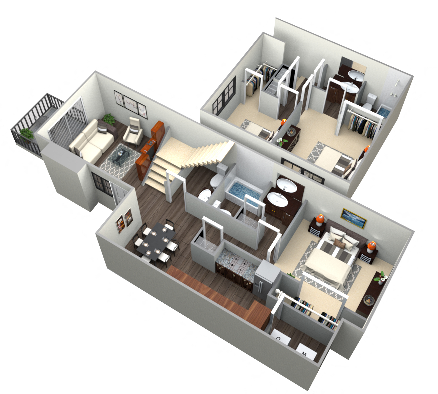 Floor plan for 3 beds, 2.5 baths, 1316 sqft