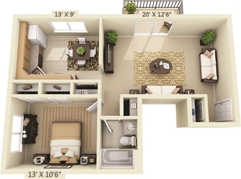 Floor plan for 1 bed, 1 bath, 850 sqft