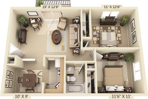 Floor plan for 2 beds, 1 bath, 875 sqft