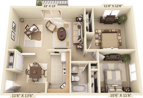 Floor plan for 2 beds, 1 bath, 1020 sqft