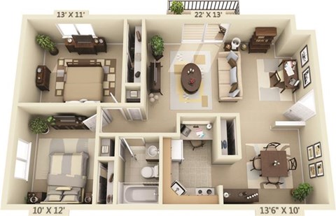 Floor plan for 2 beds, 1 bath, 1007 sqft