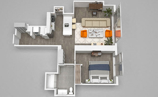 Floor plan for 1 bed, 1 bath, 912 sqft