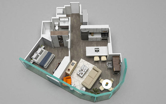 Floor plan for 1 bed, 1 bath, 698 sqft