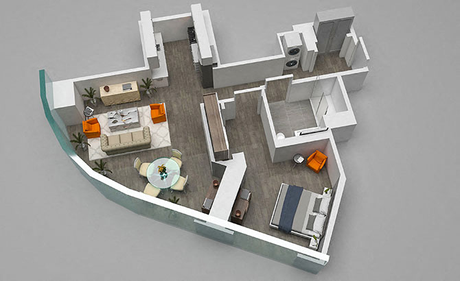 Floor plan for 1 bed, 1 bath, 782 sqft