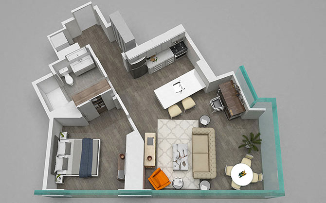 Floor plan for 1 bed, 1 bath, 730 sqft