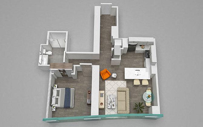 Floor plan for 1 bed, 1 bath, 829 sqft