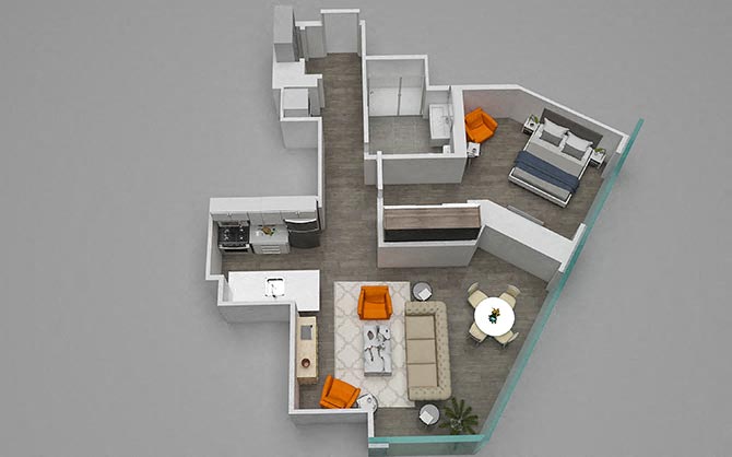 Floor plan for 1 bed, 1 bath, 760 sqft