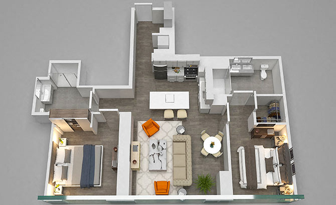 Floor plan for 2 beds, 2 baths, 1239 sqft