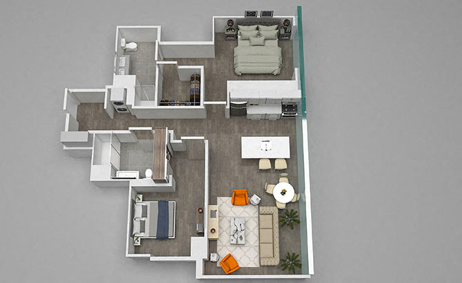 Floor plan for 2 beds, 2 baths, 1138 sqft