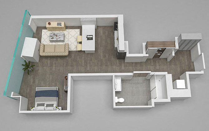 Floor plan for studio, 1 bath, 581 sqft