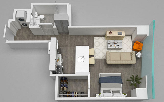 Floor plan for studio, 1 bath, 608 sqft
