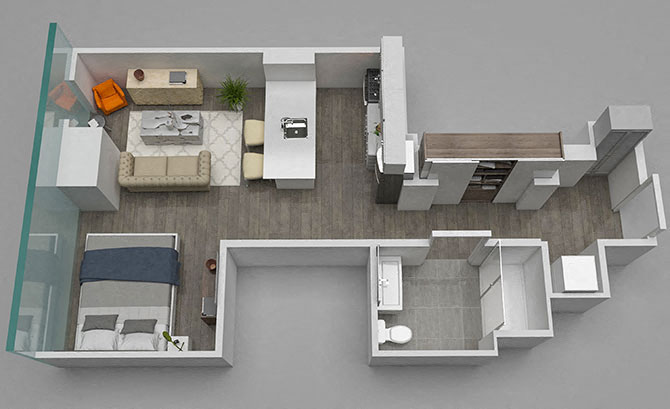 Floor plan for studio, 1 bath, 581 sqft