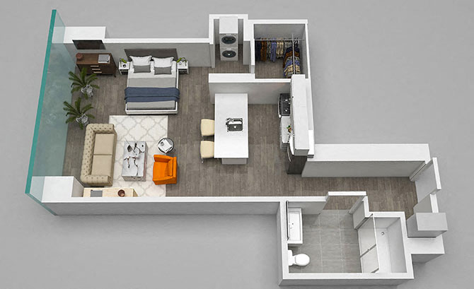 Floor plan for studio, 1 bath, 646 sqft