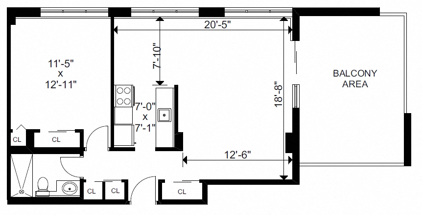Floor plan for 1 bed, 1 bath, 724 sqft