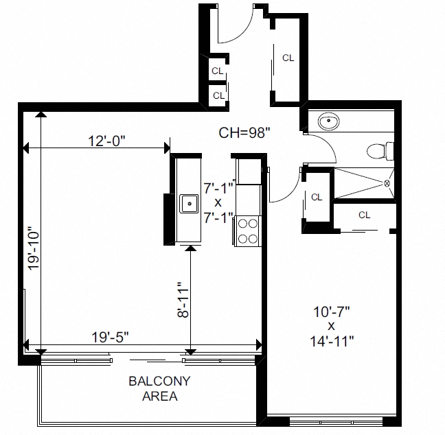 Floor plan for 1 bed, 1 bath, 758 sqft