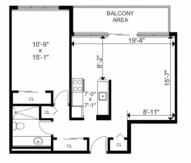 Floor plan for 1 bed, 1 bath, 704 sqft