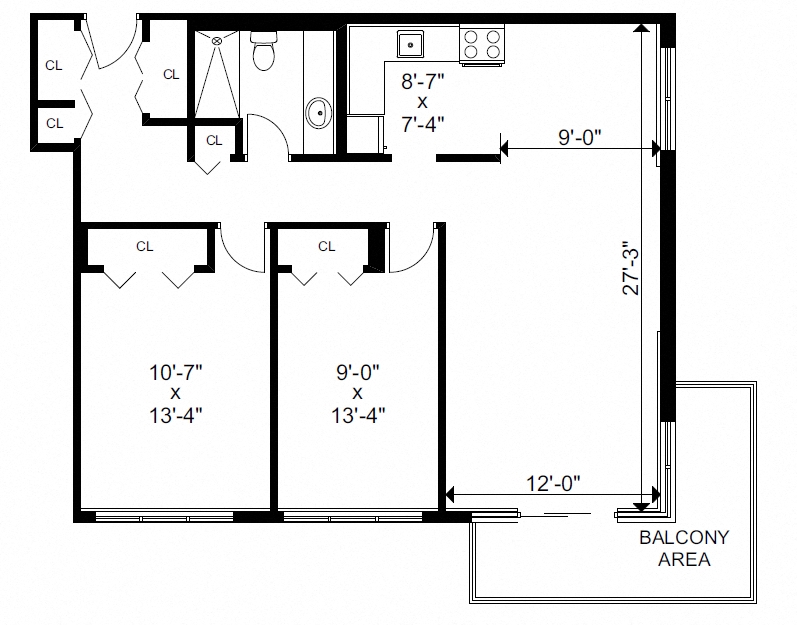 Floor plan for 2 beds, 1 bath, 962 sqft