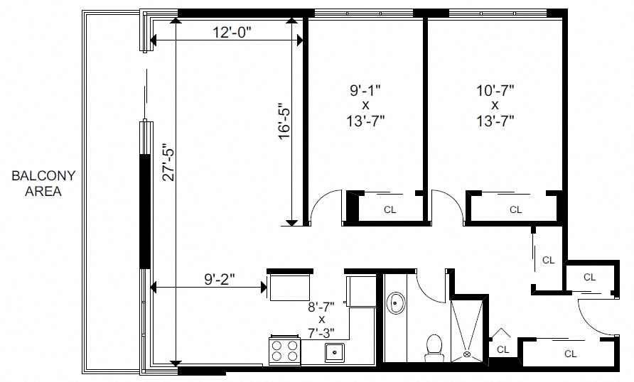 Floor plan for 2 beds, 1 bath, 986 sqft