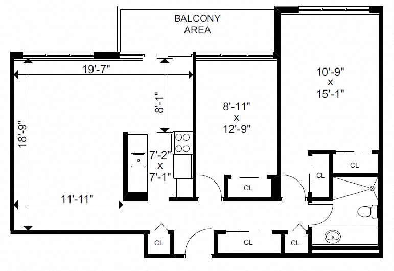 Floor plan for 2 beds, 1 bath, 929 sqft