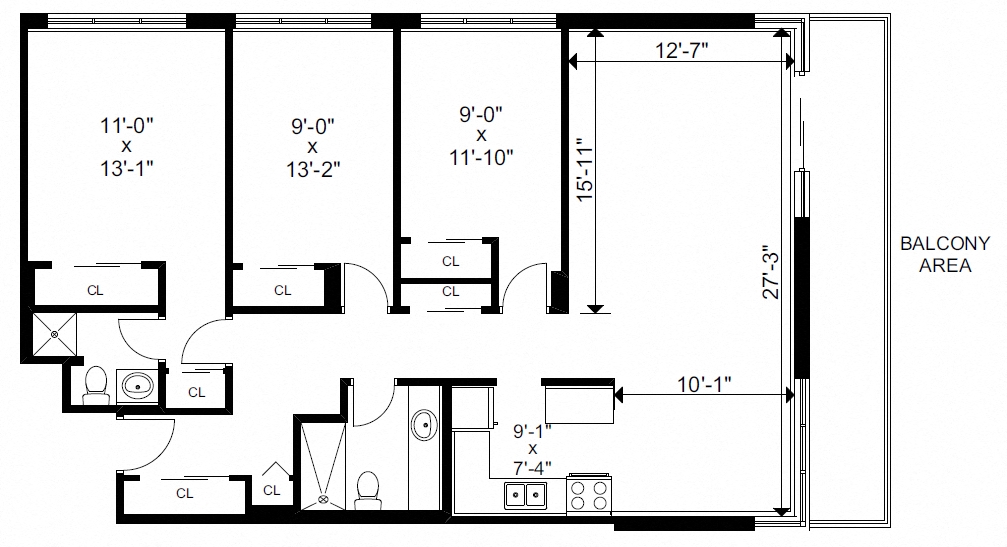 Floor plan for 3 beds, 2 baths, 1208 sqft