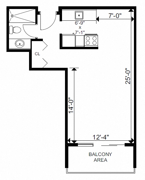 Floor plan for studio, 1 bath, 443 sqft