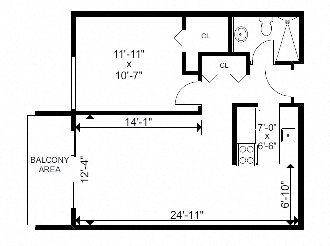 Floor plan for 1 bed, 1 bath, 615 sqft