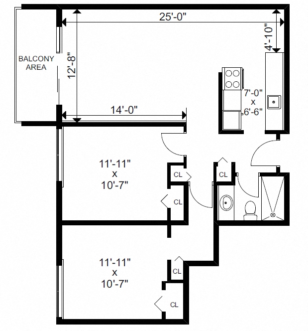 Floor plan for 2 beds, 1 bath, 803 sqft