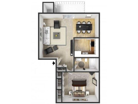 Floor plan for 1 bed, 1 bath, 650 sqft