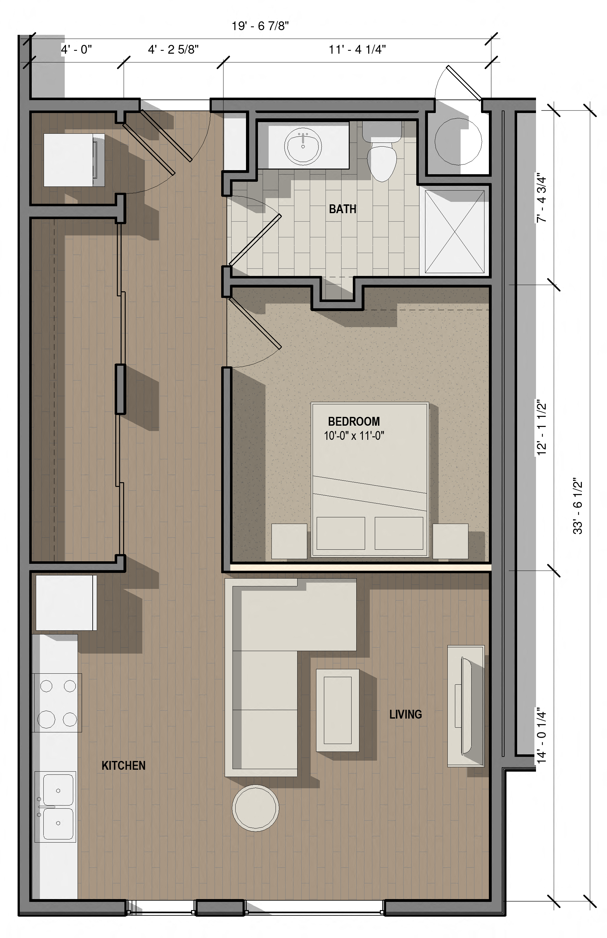 Floor plan for 1 bed, 1 bath, 703 sqft