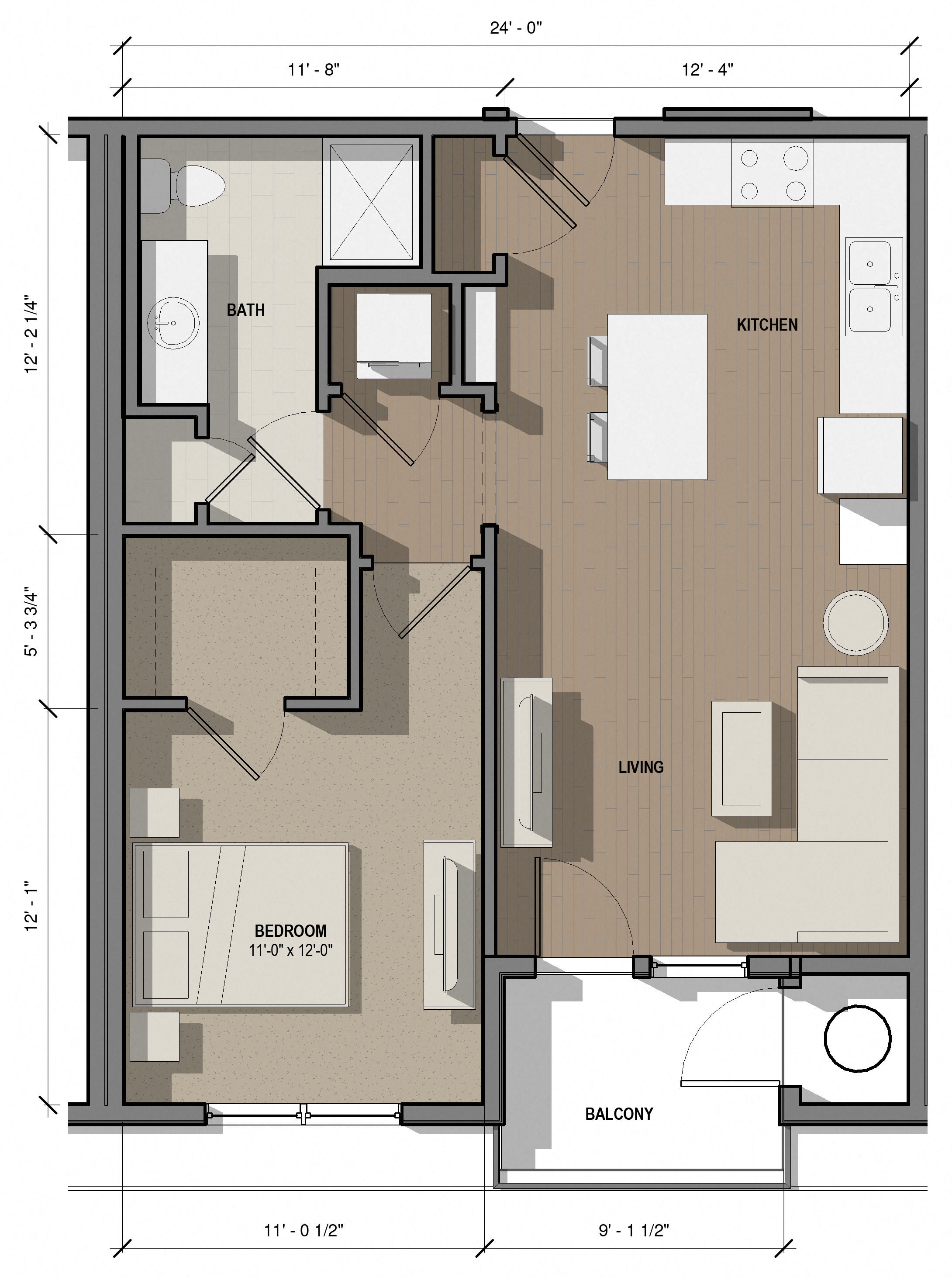 Floor plan for 1 bed, 1 bath, 721 sqft