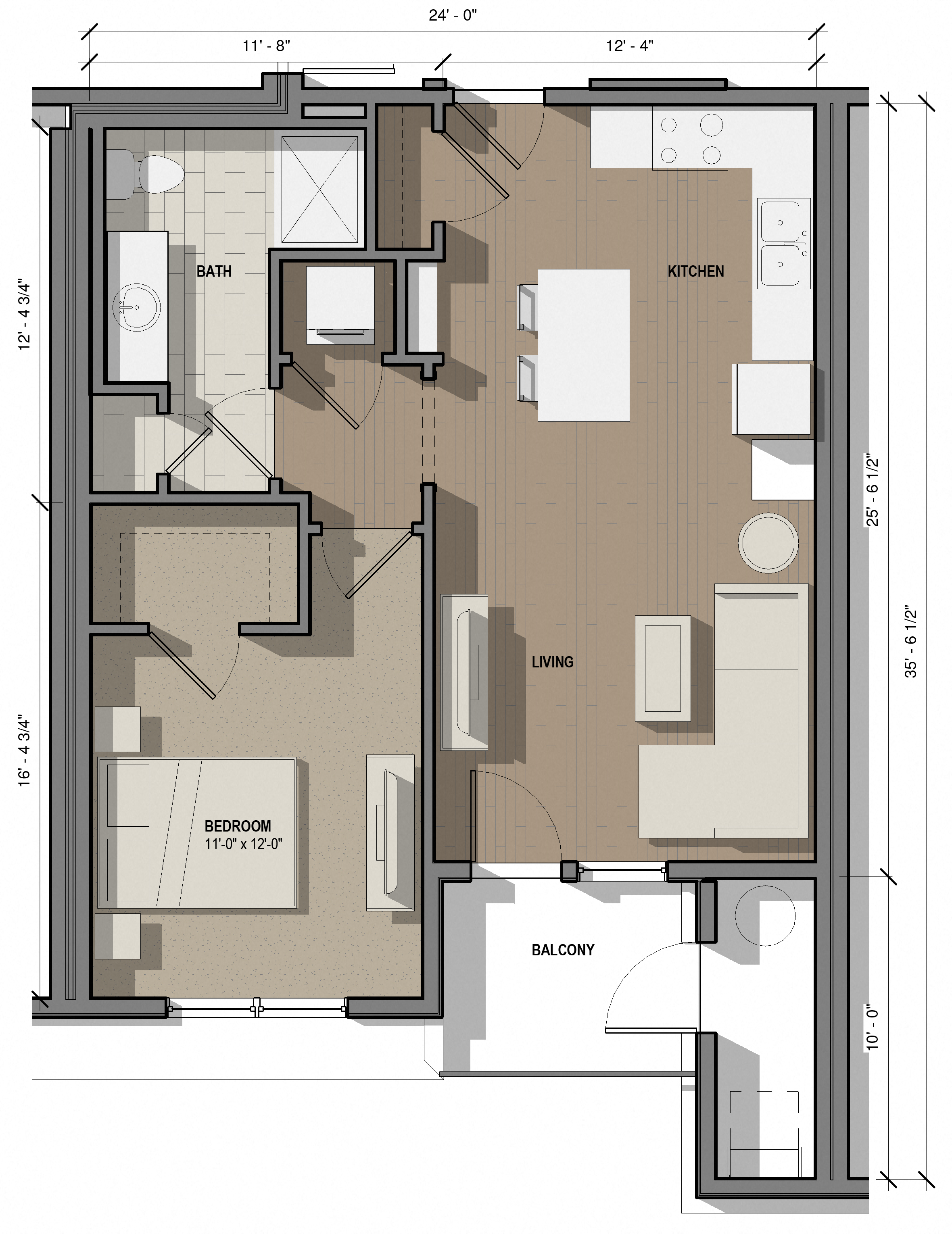Floor plan for 1 bed, 1 bath, 741 sqft