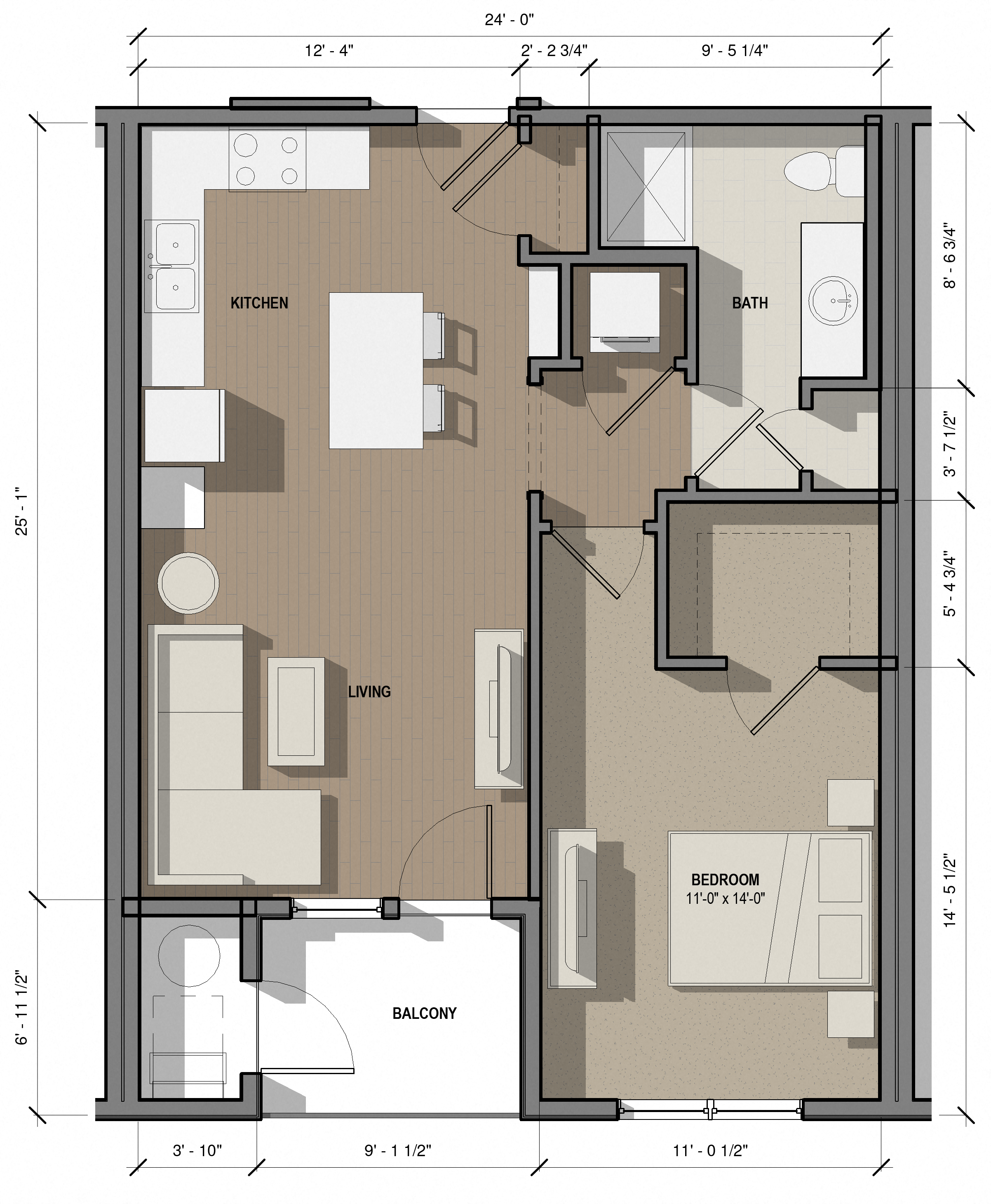 Floor plan for 1 bed, 1 bath, 750 sqft