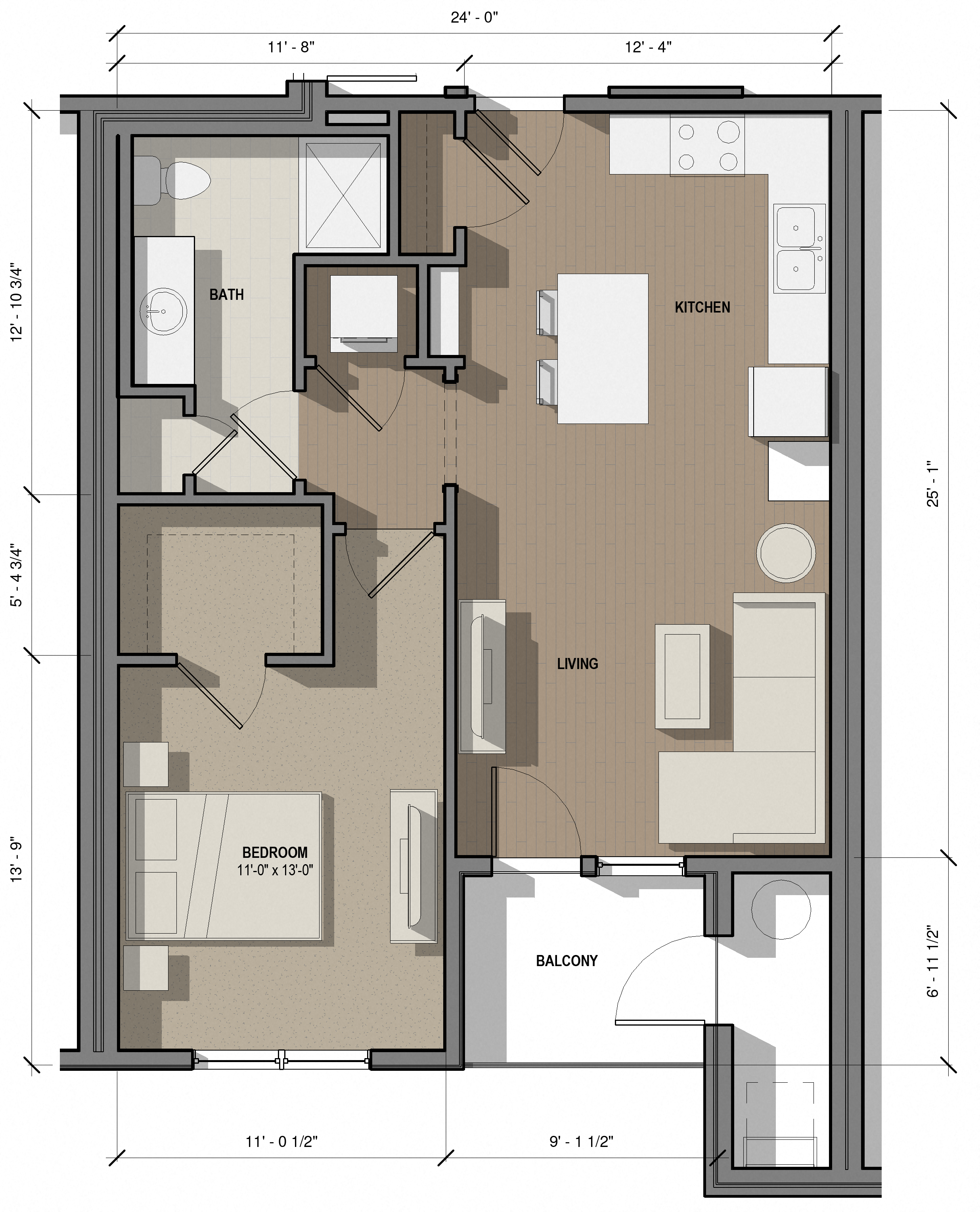 Floor plan for 1 bed, 1 bath, 762 sqft