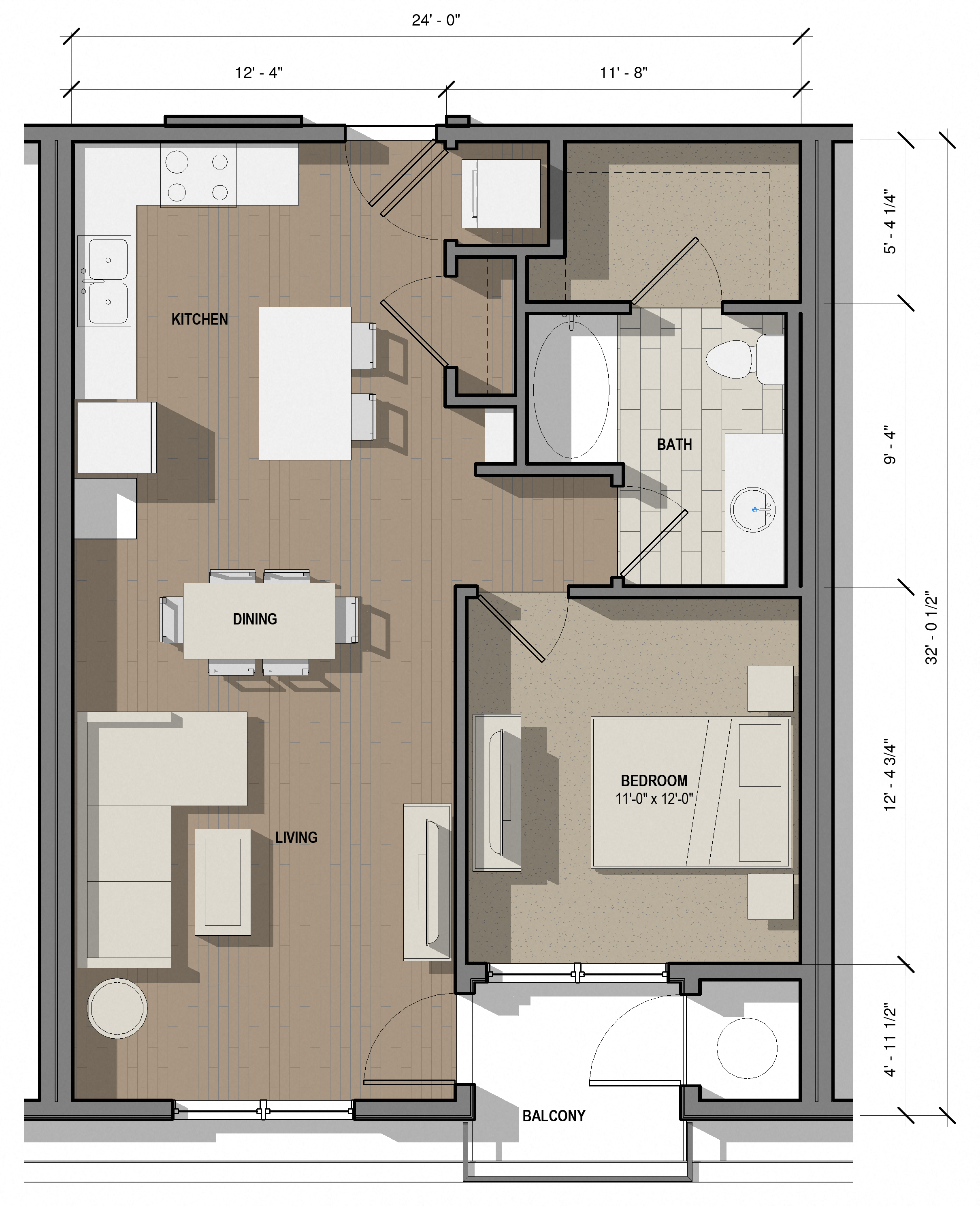 Floor plan for 1 bed, 1 bath, 777 sqft