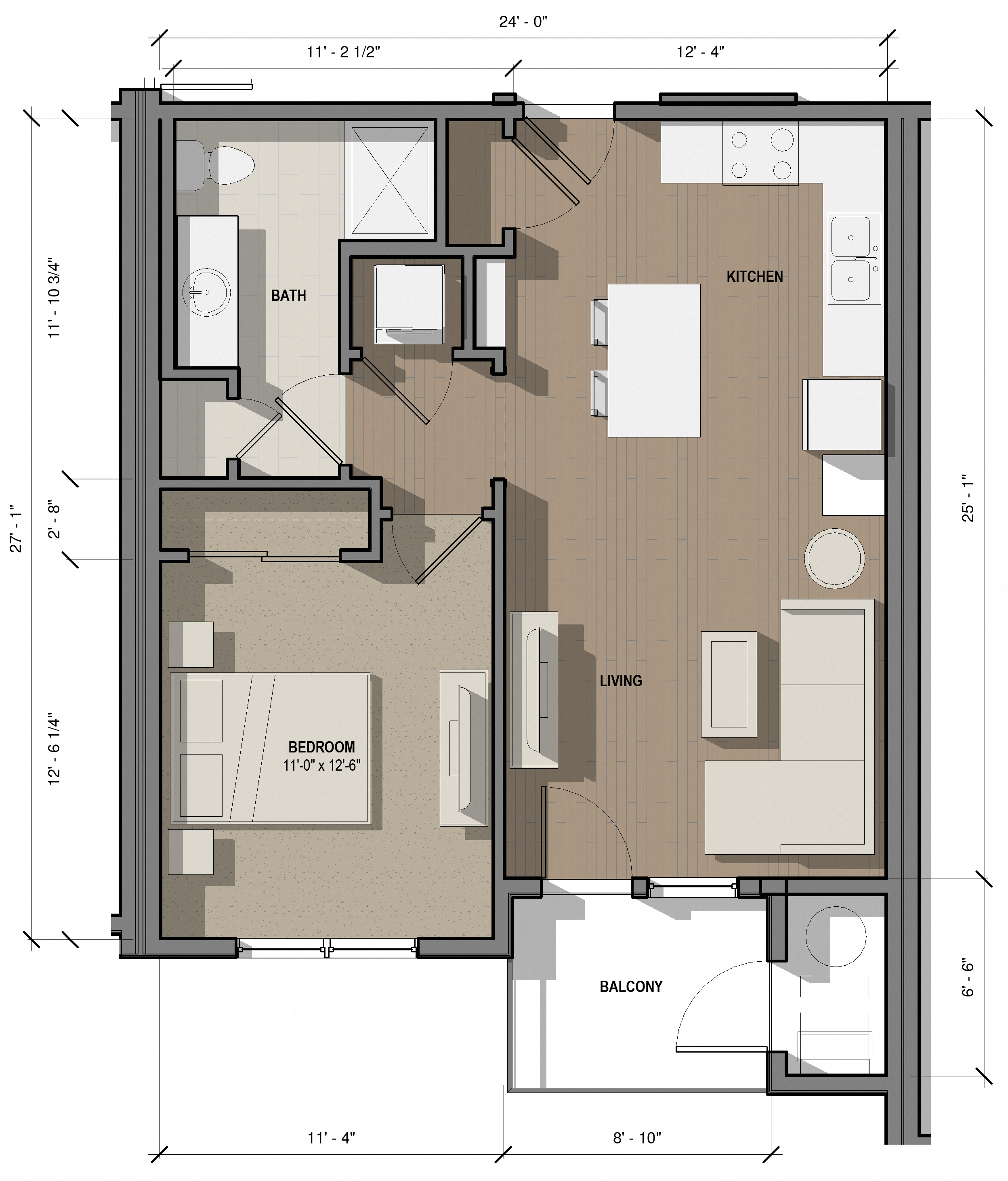 Floor plan for 1 bed, 1 bath, 697 sqft