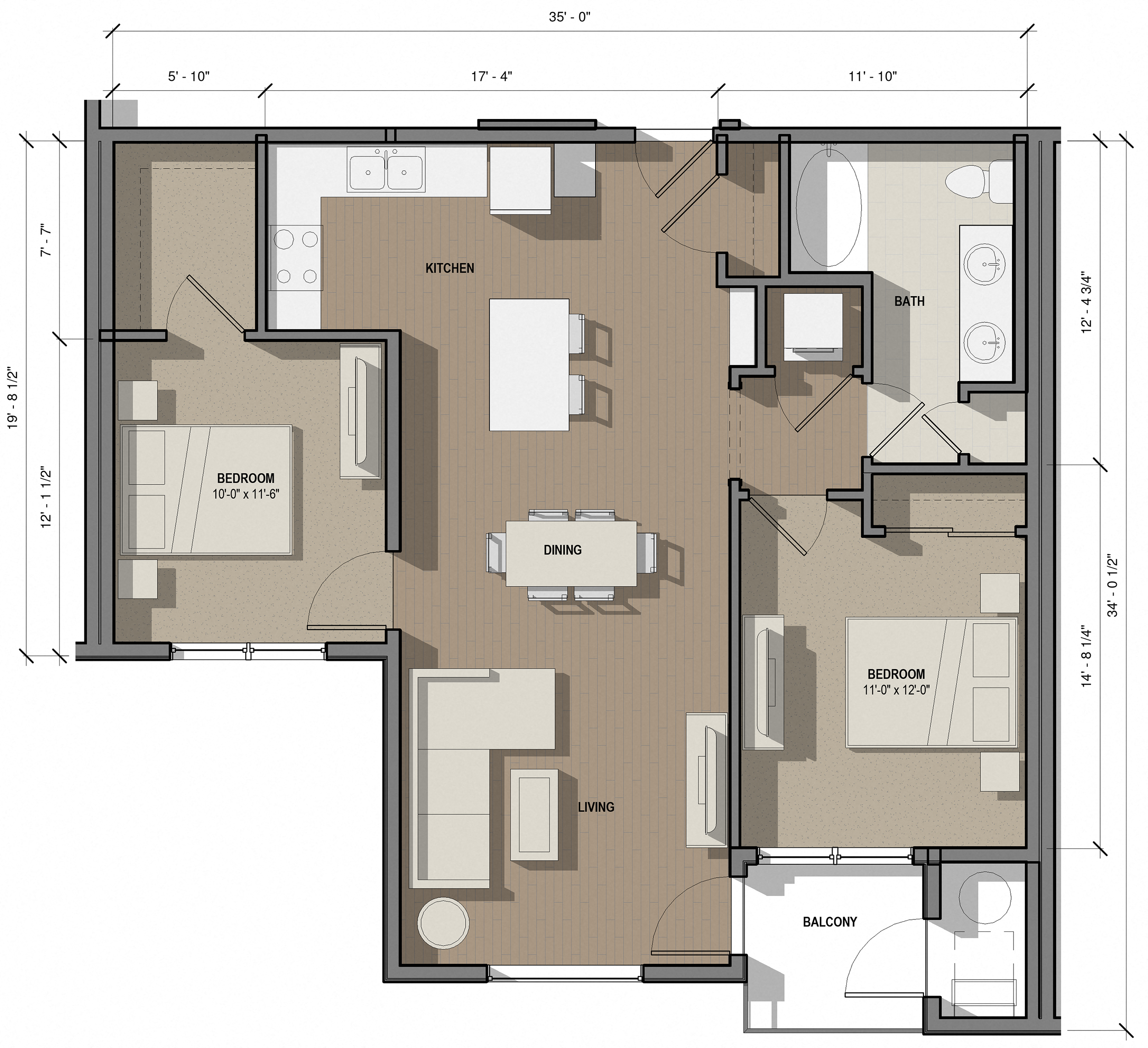 Floor plan for 2 beds, 1 bath, 1008 sqft