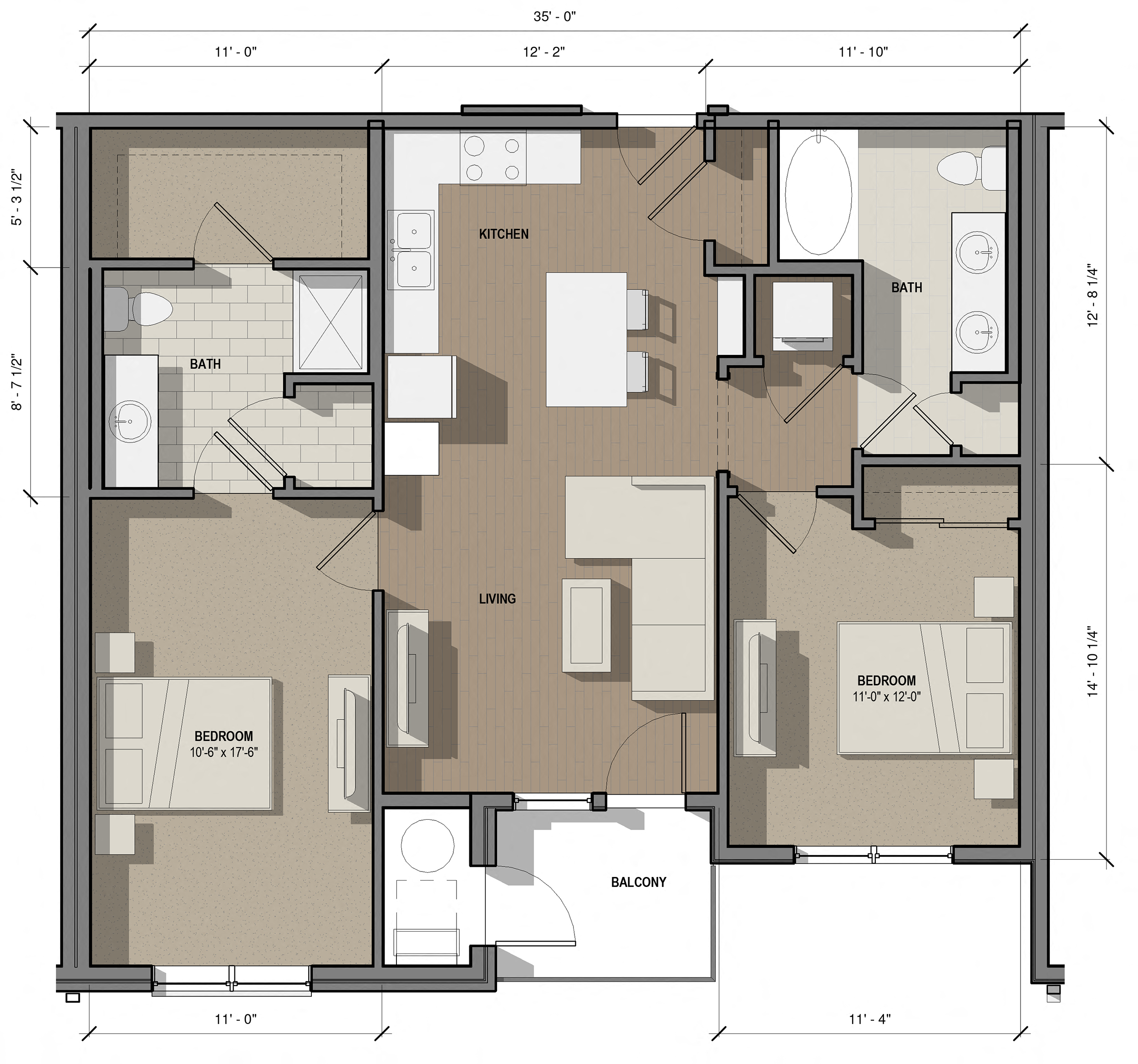 Floor plan for 2 beds, 2 baths, 1052 sqft